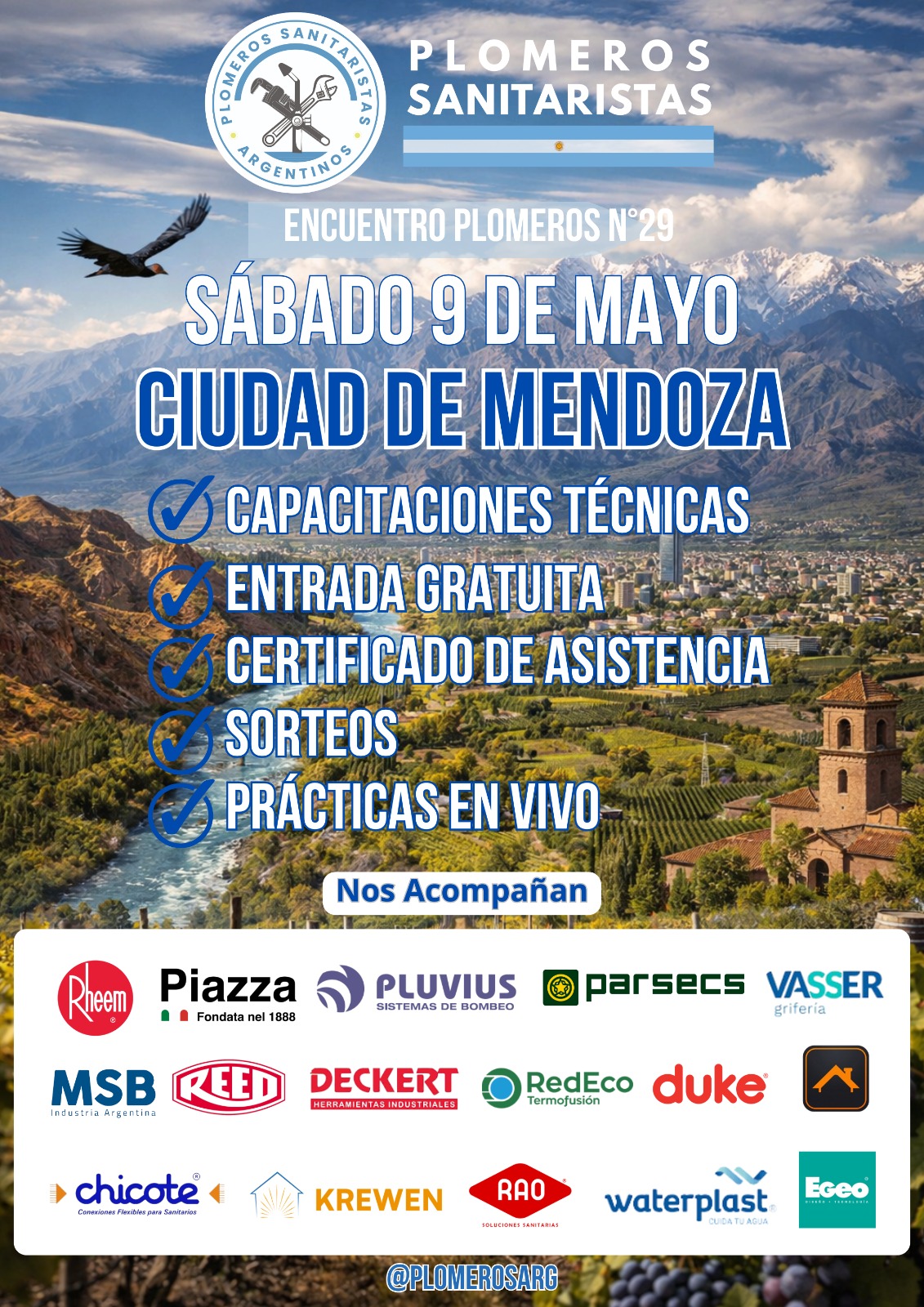 Afiche del encuentro de plomeros en Mendoza del 9 de mayo con marcas que acompa&ntilde;an